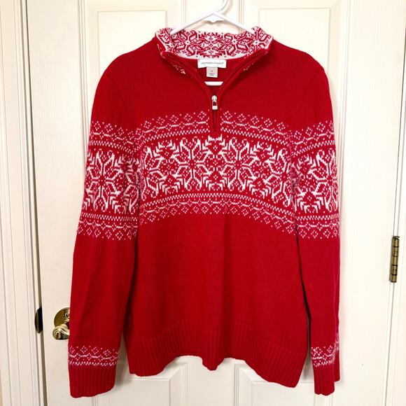 Christopher & Banks Red Fair Isle Sweater Half Zip Nordic Holiday Snowflakes XL - Picture 6 of 6